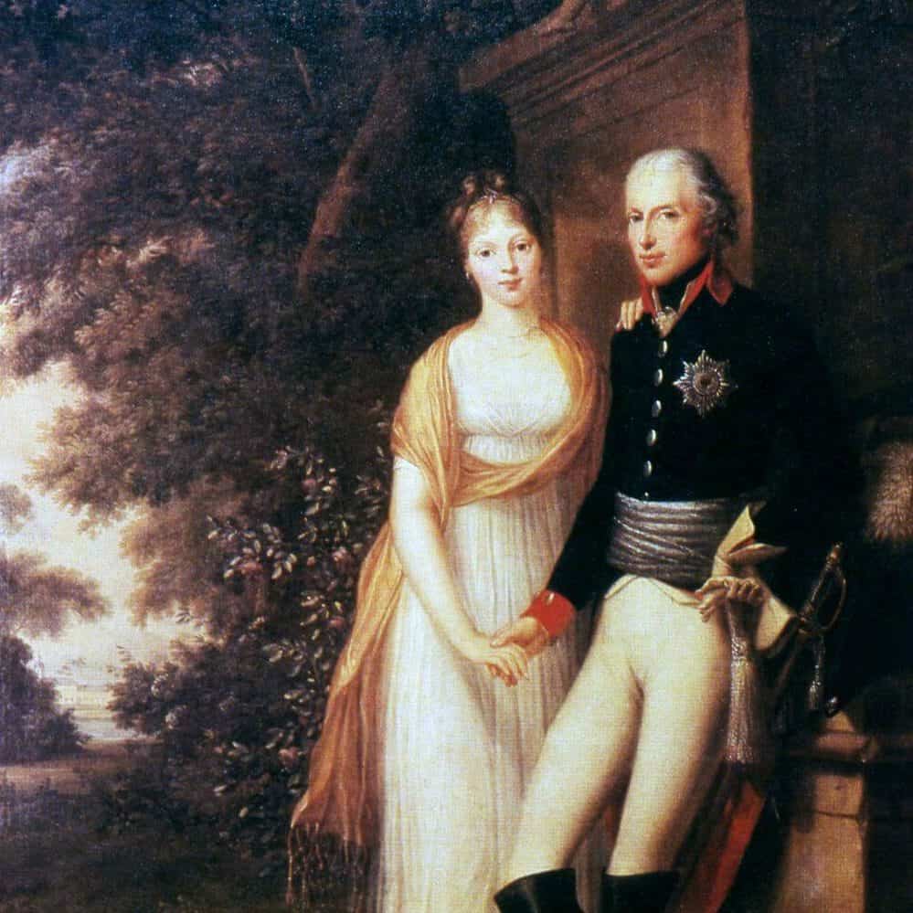 Gemälde von Königin Luise und Friedrich Wilhelm von Preußen im Park von Schloss Charlottenburg.
