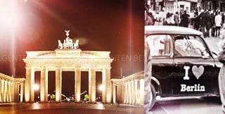 Frontalansicht des Brandenburger Tors und Trabbi mit "I love Berlin" Schriftzug